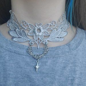 Grey floral lace choker necklace with star pendant